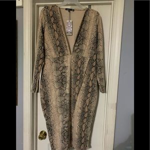 Snake print plunge faux wrap dress